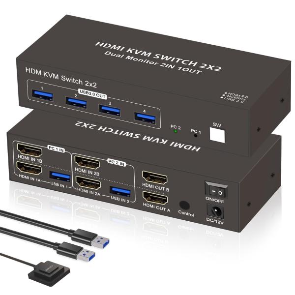 デュアルモニター HDMI KVM 切替器 2PC 切替 2画面 同時出力 USB 3.0 4出力 KVM スイッチャー キーボード マウス 共有 デ