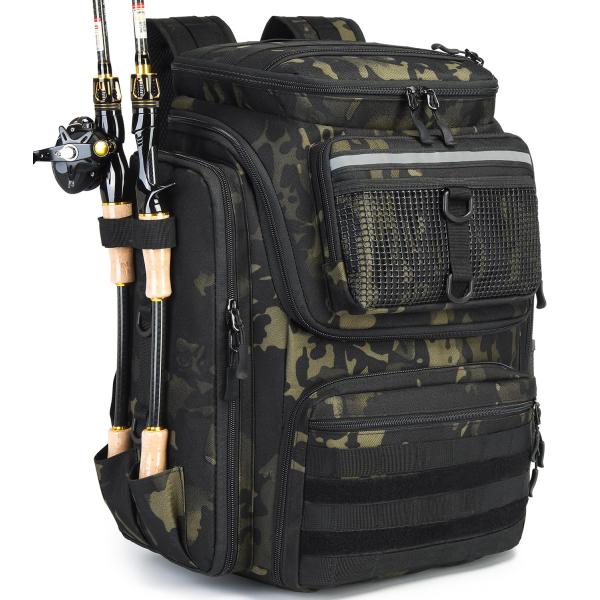 ロッドホルダー付き釣りバックパック - 45L 大型防水フィッシングバッグ、アウトドアキャンプ・ハイキング用装備向け (サソリ黒)