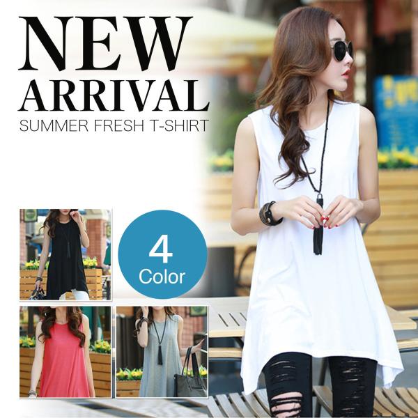 韓国風 タンクトップ ノースリーブ レディース トップス ロング丈 フレアデザイン Uネック おしゃれ カジュアル 夏 女性用