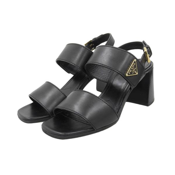 【ほぼ未使用】 PRADA ブラックレザー サンダル PRADA プラダ トライアングル ロゴ レザー サンダル レディース