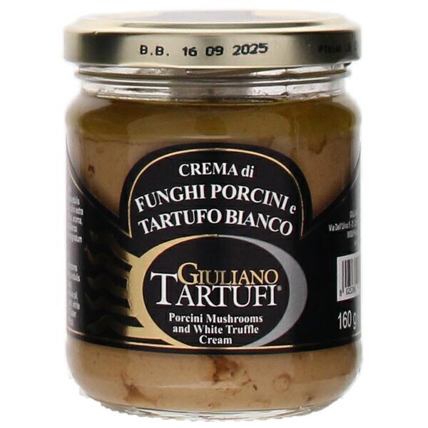 ジュリアーノ タルトゥーフィ ポルチーニクリーム 白トリュフ入り 【内容量】160g 【名称】キノコピューレ 【原材料名】ポルチーニ茸、食用オリーブ油、食塩、白トリュフ（0.5％）/香料 【保存方法】直射日光を避け涼しい場所で保存 【原産国...