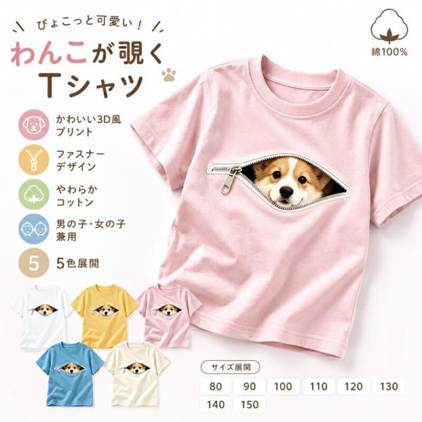 キッズ Tシャツ 半袖 綿100% 子供服 男の子 女の子 トリックアート 3Dプリント だまし絵 コーギー 犬 アニマル ファスナー 動物 春 夏 トップス カットソー ベビ