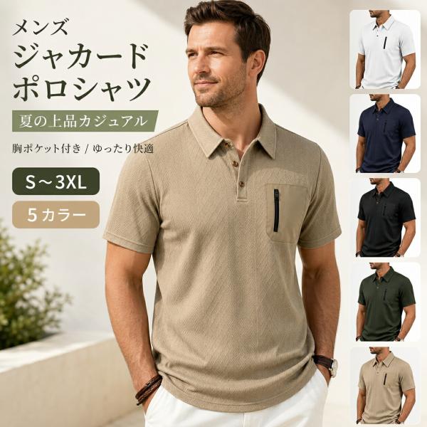 ジャカードポロシャツ メンズ 半袖 胸ポケット付き 無地 夏服 ゆったり 洗える 襟付き きれいめ カジュアル ビジネス 大人 S-3XL