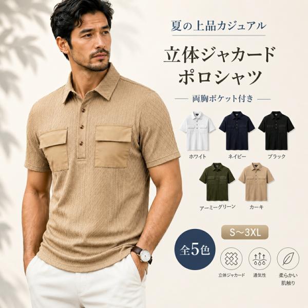 ポロシャツ メンズ 半袖 ジャカード 両胸ポケット 無地 夏服 ゆったり 洗える 襟付き きれいめ カジュアル ビジネス ゴルフ 旅行 普段着 大きいサイズ S-3XL