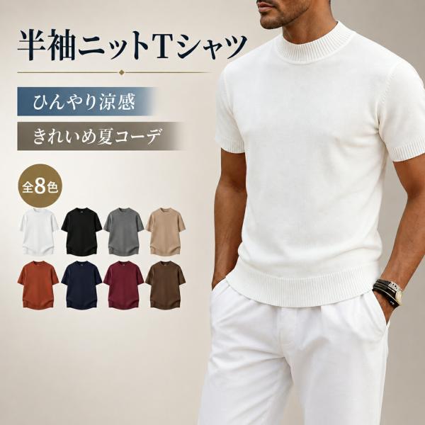Tシャツ メンズ 半袖 夏 ニットTシャツ モックネック 接触冷感 無地 薄手 通気性 高弾性 吸湿速乾 S-2XL 8色 白 黒 灰 紺 茶 普段着 休日 街着 大人 春夏