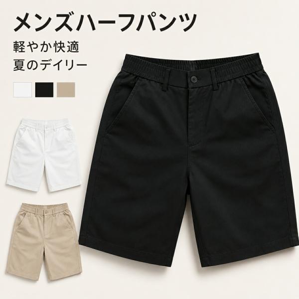 ハーフパンツ メンズ ショートパンツ 5分丈 短パン 夏 薄手 綿混 微ストレッチ 直筒 ゆったり きれいめ カジュアル 大きいサイズ M-3XL ホワイト 黒 カーキ