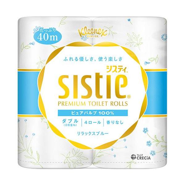 クリネックス システィ ダブル 4ロール 40m  4ロール リラックスブルー　　【商品説明】・トイレ空間をやさしく華やかに彩る、温かみののあるクラフト風花柄のブルーのトイレットペーパー。・パルプ配合にこだわった、ふんわりなめらかな肌ざわり...