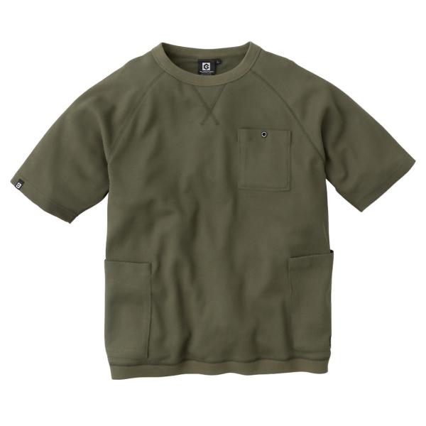 半袖 ワッフル Tシャツ (アーミー/M) ポケット 収納 ジャケット対応 ロンT 丸首 ビジネス カジュアル オフィス