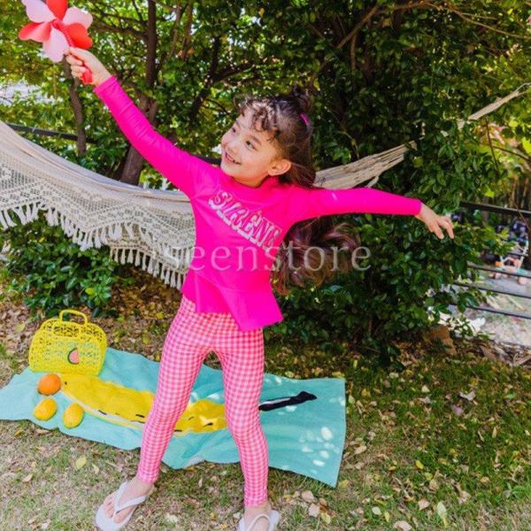 子ども水着 女の子 上下セット 長袖ラッシュガード ロングパンツ ガールズ セパレート ロゴプリント ベビー キッズ 小学生 スイムウェア プール