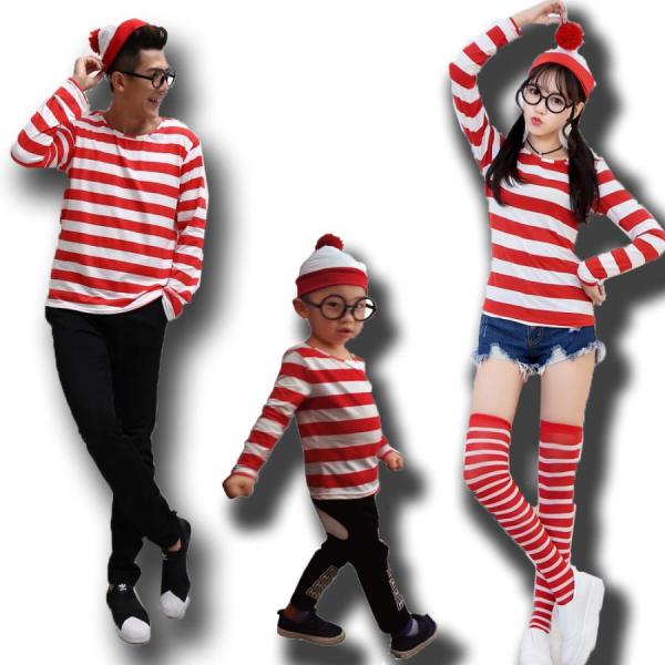 ハロウィン コスプレ 子供 囚人服 衣装 親子ペア Tシャツ 長袖 冒険家 ボーダー レディース メンズ お揃い 大人用
