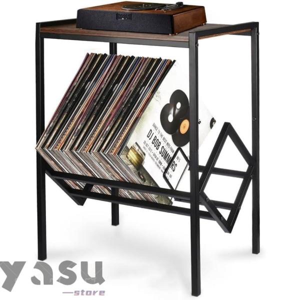 レコードラック レコード台 レコードプレーヤースタンド 80枚のアルバム収納 ターンテーブルスタンド マットブラックメタル脚付き レコードプレーヤーテーブ