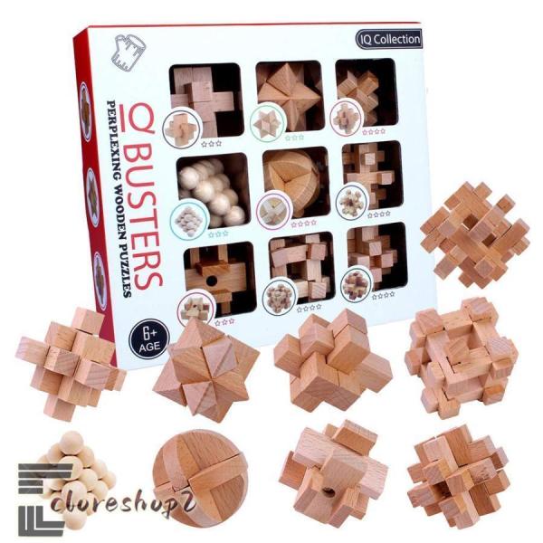 孔明パズル脳トレ 木製パズル 立体パズル 知恵おもちゃ 9pcsセット木製