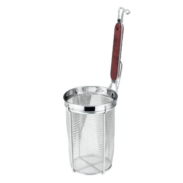 [ 仕様 ]◇サイズ：φ140×H415mm◇網部深さ：190mm◇網メッシュ：線径0.47×8メッシュ◇重量：360g◇材質：　本体・網／18-8ステンレス鋼　ハンドル／木製（ローズ）