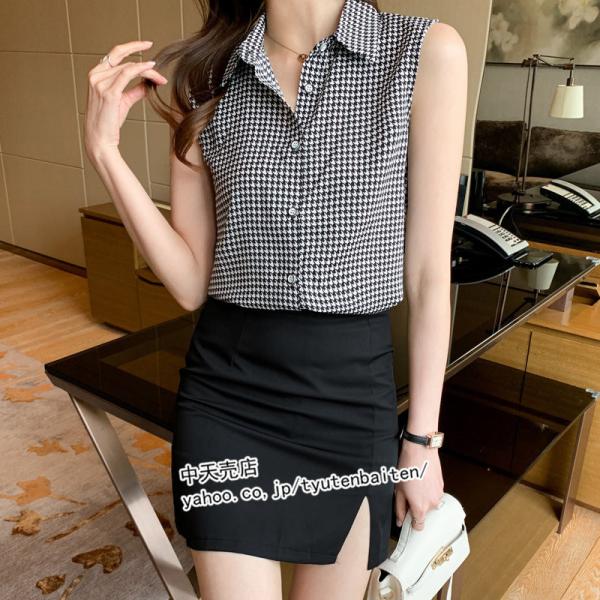ブラウス 夏 レディース 新作 韓国風 Vネック 千鳥格柄 シフォン