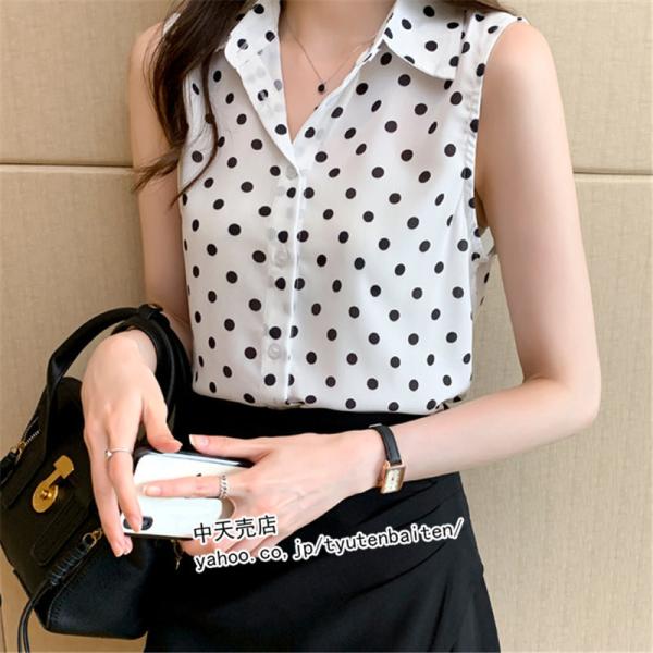 レディース 夏 ブラウス ドット柄 開襟シャツ ノースリーブ 涼しい