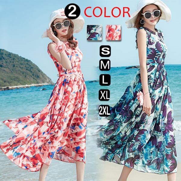 サマーマキシワンピ リゾート マキシワンピース総柄ノースリーブ