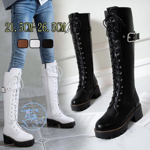 【送料無料】ロングブーツ レースアップブーツ 厚底 ブーツ トラックソール ミドルブーツ ヒール6センチ エンジニアブーツ ジョッキーブーツ ロングブーツ ジョッキーブーツ 太ヒール 厚底編み上げブーツ 学院風