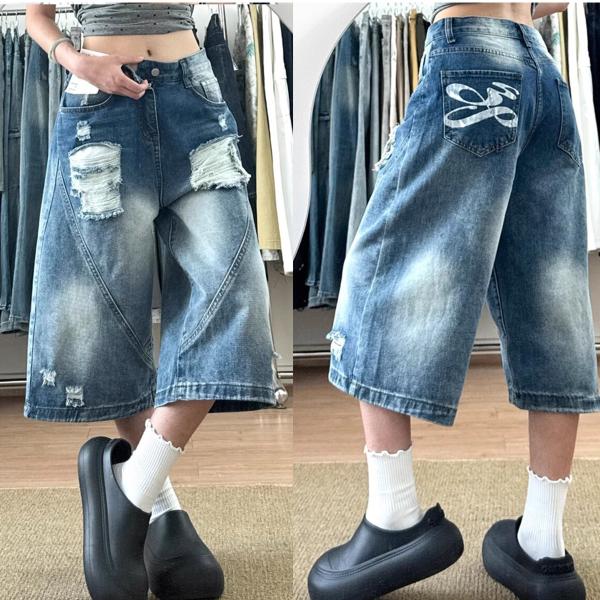 サマーワイドデニムパンツ レディース 夏ショートハーフパンツデニムパンツガウチョパンツ デニム7分丈パンツハイウエストショーパン着痩せコーデ デニム〜XL
