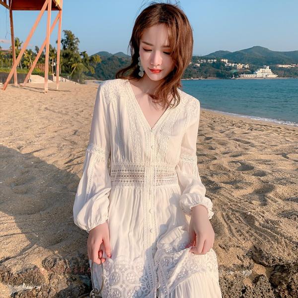 ロングビーチワンピース白ワンピースレディースリゾートビーチハワイレースフレア九分袖vネック代30代40代夏旅行におすすめお遊び 良好品