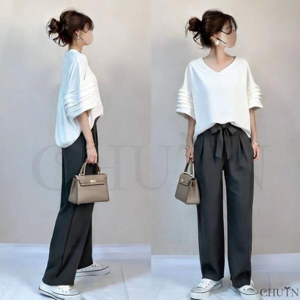 夏服セットアップ 涼しい白ブラウス+パンツ2点セット半袖シャツロングワイドパンツリボン ４０代５０代 ６０代自宅でも外出時でもカジュアルなセットとして着用