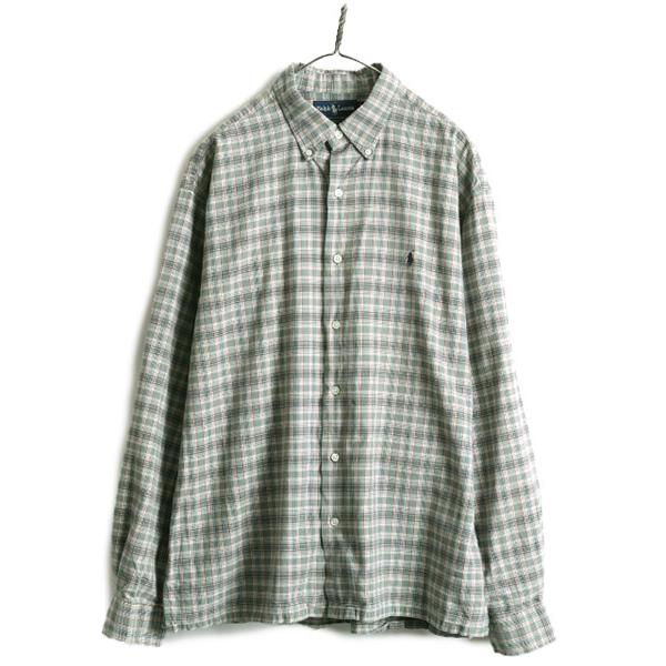 90s □ ラルフローレン チェック 長袖 3点留め ボタンダウン シャツ