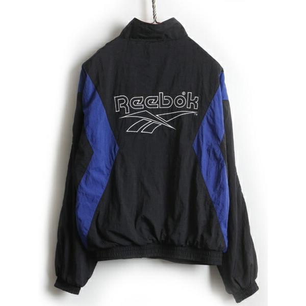 90's ■ Reebok リーボック ビッグ ロゴ 刺繍 2トーン フルジップ ナイロン ジャケット ( メンズ M ) 古着 ジャンパー 黒 紫  ライナー付き