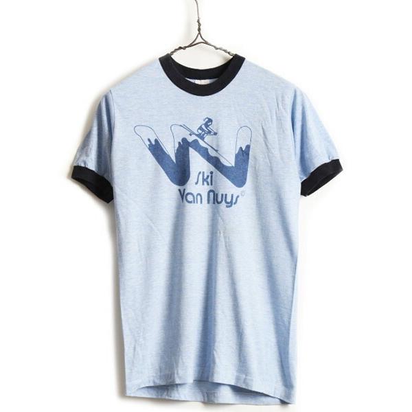 80s USA製 ビンテージ □ スキー プリント 半袖 リンガー Tシャツ