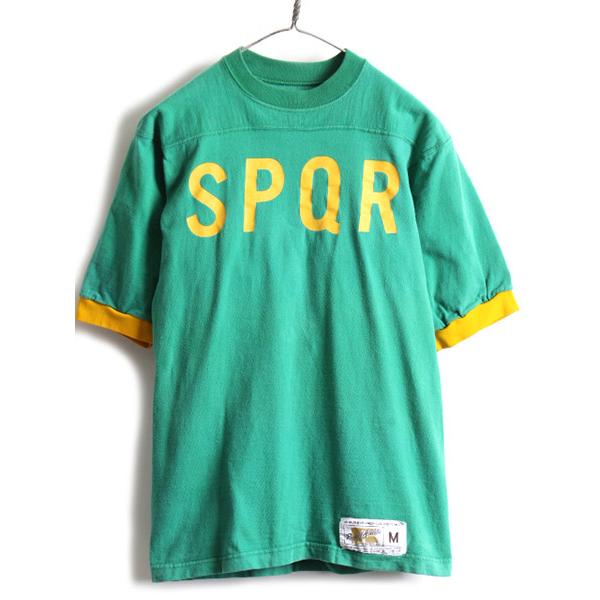 70s 80s USA製 ビンテージ ■ ラッセル プリント 半袖 フットボール Tシャツ ( メンズ M ) 古着 RUSSELL 半袖Tシャツ  2トーン 緑 黄色