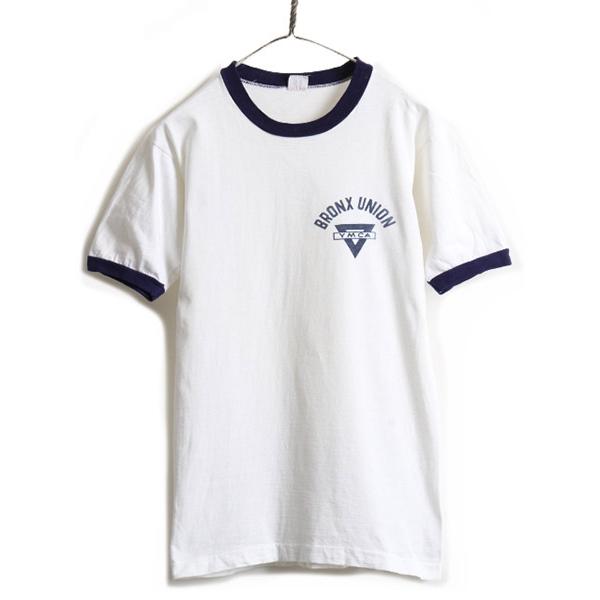 60s ランタグ ビンテージ ■ チャンピオン 2段 染み込み プリント 半袖 リンガー Tシャツ ( M メンズ S 程) 古着 Champion  半袖Tシャツ 白