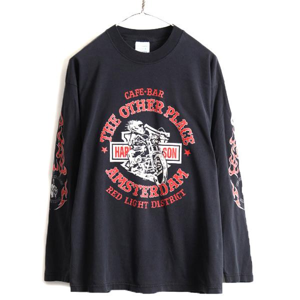 00s オールド ユーロ ■ ハーレー ダビッドソン バイク ファイヤー 3面 プリント 長袖 Tシャツ ( メンズ L ) 黒 古着 00年代  ロンT FUCK