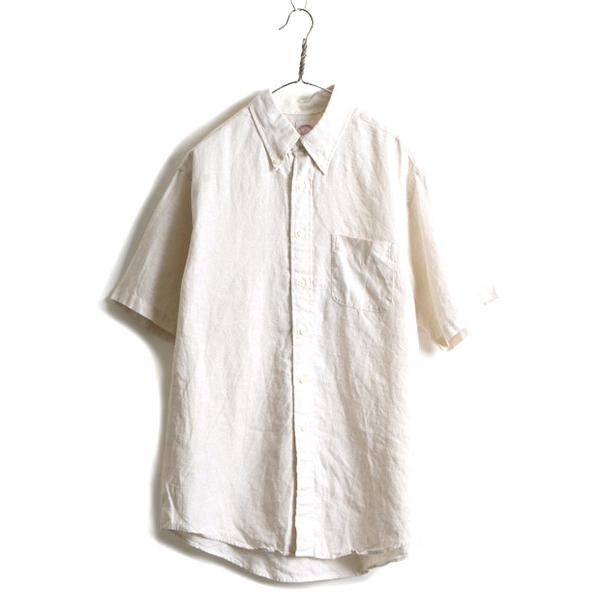 高級 100% アイリッシュ リネン ■ ブルックスブラザーズ 半袖 ボタンダウン シャツ ( メンズ L ) 古着 Brooks Brothers  半袖シャツ 生成り