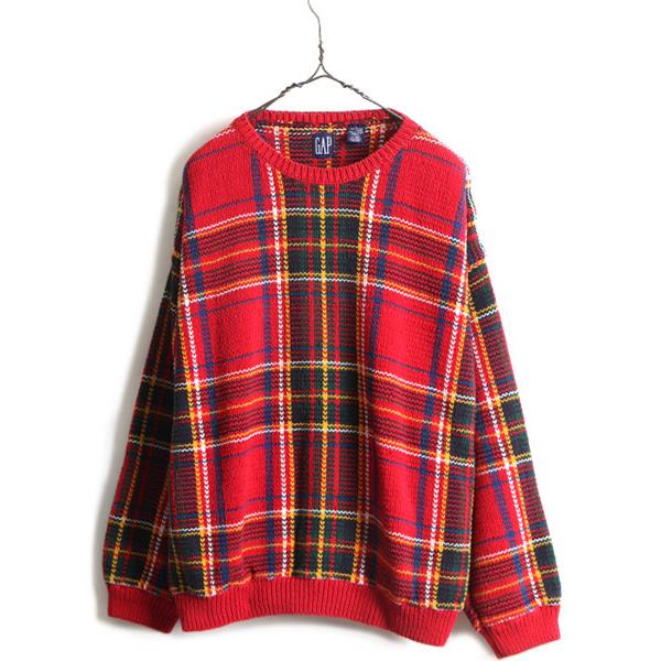 90's 旧タグ ■ OLD GAP オールド ギャップ タータン チェック 長袖 コットン ニット セーター ( メンズ L ) 古着 90年代  マルチカラー 赤