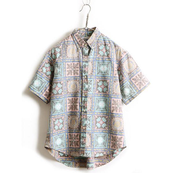 90s オールド □ REYN SPOONER 総柄 ボタンダウン 半袖 アロハシャツ