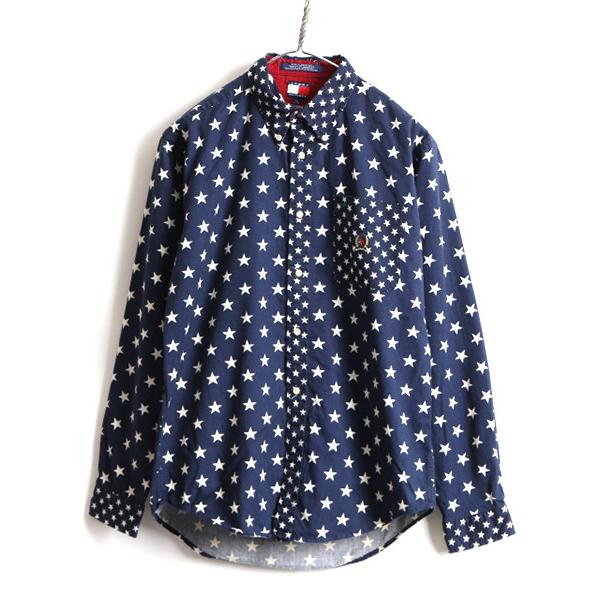 90s キッズ XL メンズ S 程□ トミーヒルフィガー 星 総柄 長袖 ボタン