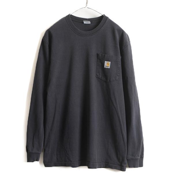 人気 黒 □ カーハート ポケット付き 長袖 Tシャツ ( メンズ M ) 古着