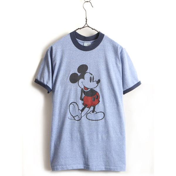80s USA製 ■ ディズニー オフィシャル ミッキー マウス プリント 半袖 リンガー Tシャツ ( XL メンズ レディース 小さめ L 程)  古着 青 杢
