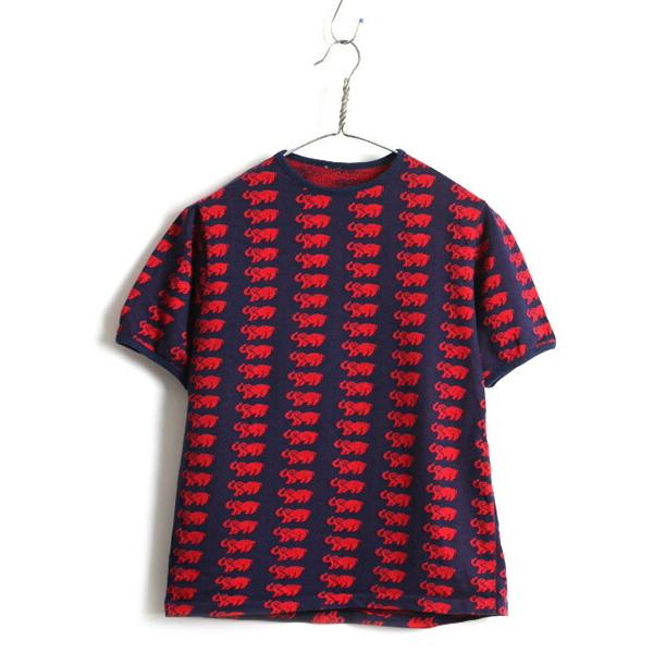 70s ビンテージ □ ゾウ 総柄 ジャガード織り 半袖 Tシャツ ( メンズ