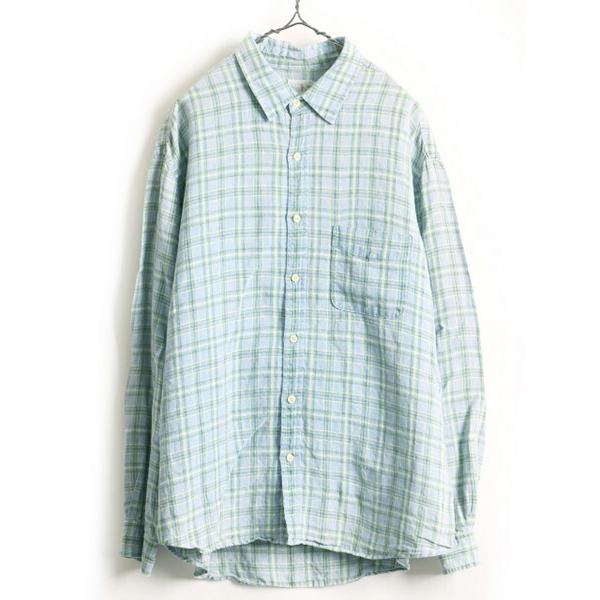 90s オールド 旧タグ 高級 100% リネン □ J CREW チェック 長袖
