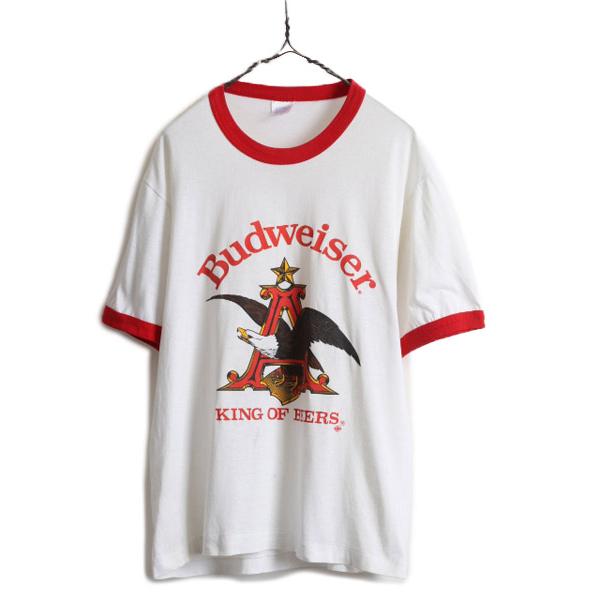 80s 90s USA製 □ バドワイザー プリント 半袖 リンガー Tシャツ 