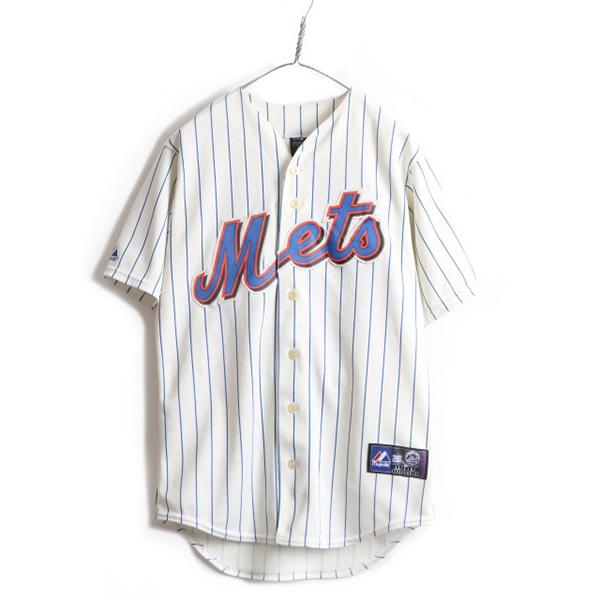 MLB オフィシャル ■ Majestic ニューヨーク メッツ ストライプ 半袖 ベースボール シャツ ( メンズ M 程) 古着 ゲームシャツ  ユニフォーム