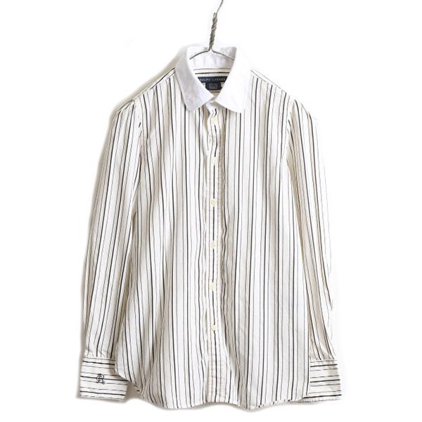■ ラルフローレン マチ付き ストライプ 長袖 シャツ ( 10 レディース S 程) POLO クレリック ポロ ドレスシャツ ポニー無し 2トーン  黒 白