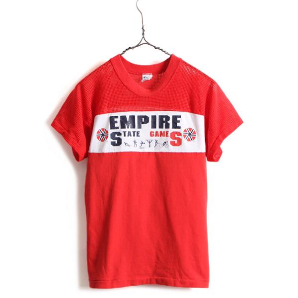 80s USA製 □ チャンピオン メッシュ 切替 プリント 半袖 Tシャツ ( S