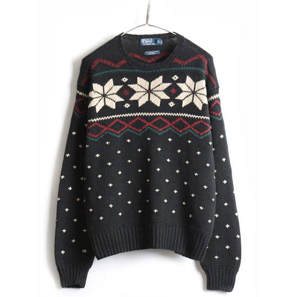 90's 手編み □ POLO ポロ ラルフローレン ノルディック 総柄 リネン