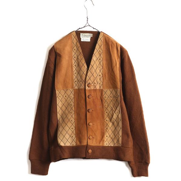 60s 70s USA製 □ 本革 スエード 切替 アクリル ニット カーディガン