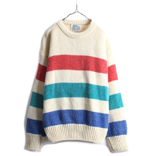 80s 90s USA製 □ ワイド ボーダー ウール ニット セーター メンズ L