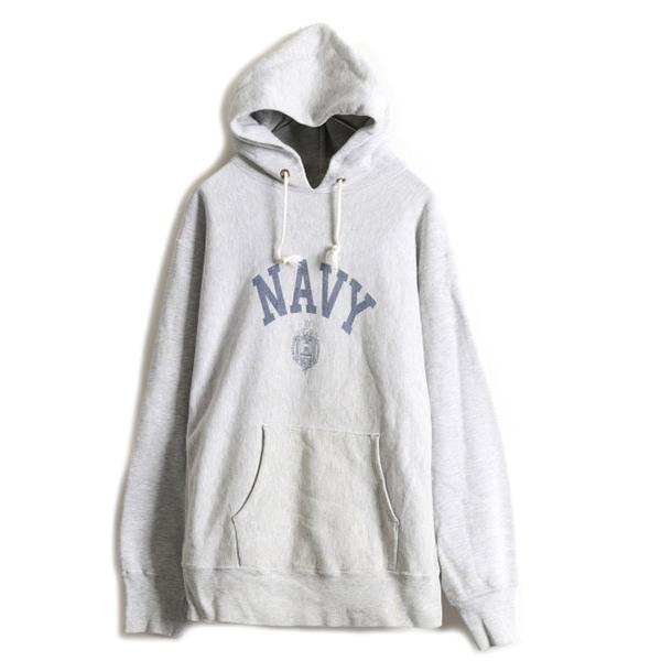 80s USA製 ★ チャンピオン リバースウィーブ NAVY 染込み プリント スウェット パーカー ( XL ) 80年代 Champion  ビンテージ 軍物 灰 杢灰