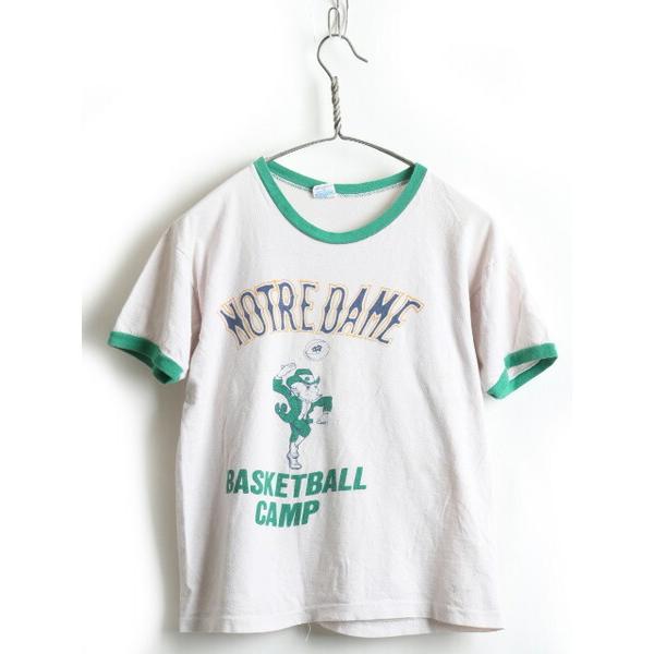 70's USA製 ビンテージ ★ Champion チャンピオン カレッジ 染み込み プリント 半袖 リンガー Tシャツ ( メンズ レディース M  ) 古着 白 緑