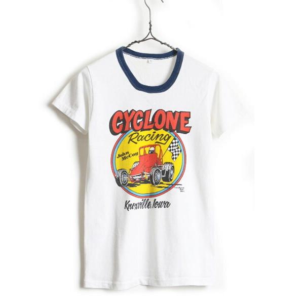 70's ビンテージ □ レーシングカー 両面 染み込み プリント 半袖