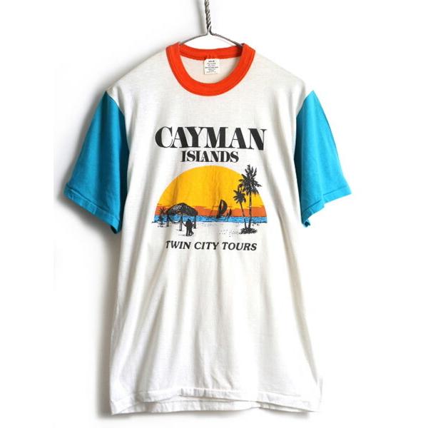 80's USA製 ビンテージ ■ ビーチ プリント トリコカラー 切替 半袖 リンガー Tシャツ ( メンズ L ) 古着 80年代 半袖Tシャツ  プリントT