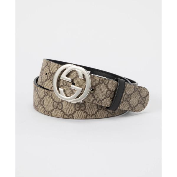 GUCCI グレー レザー ベルト リバーシブル レザー ベルト（インターロッキングG バックル
